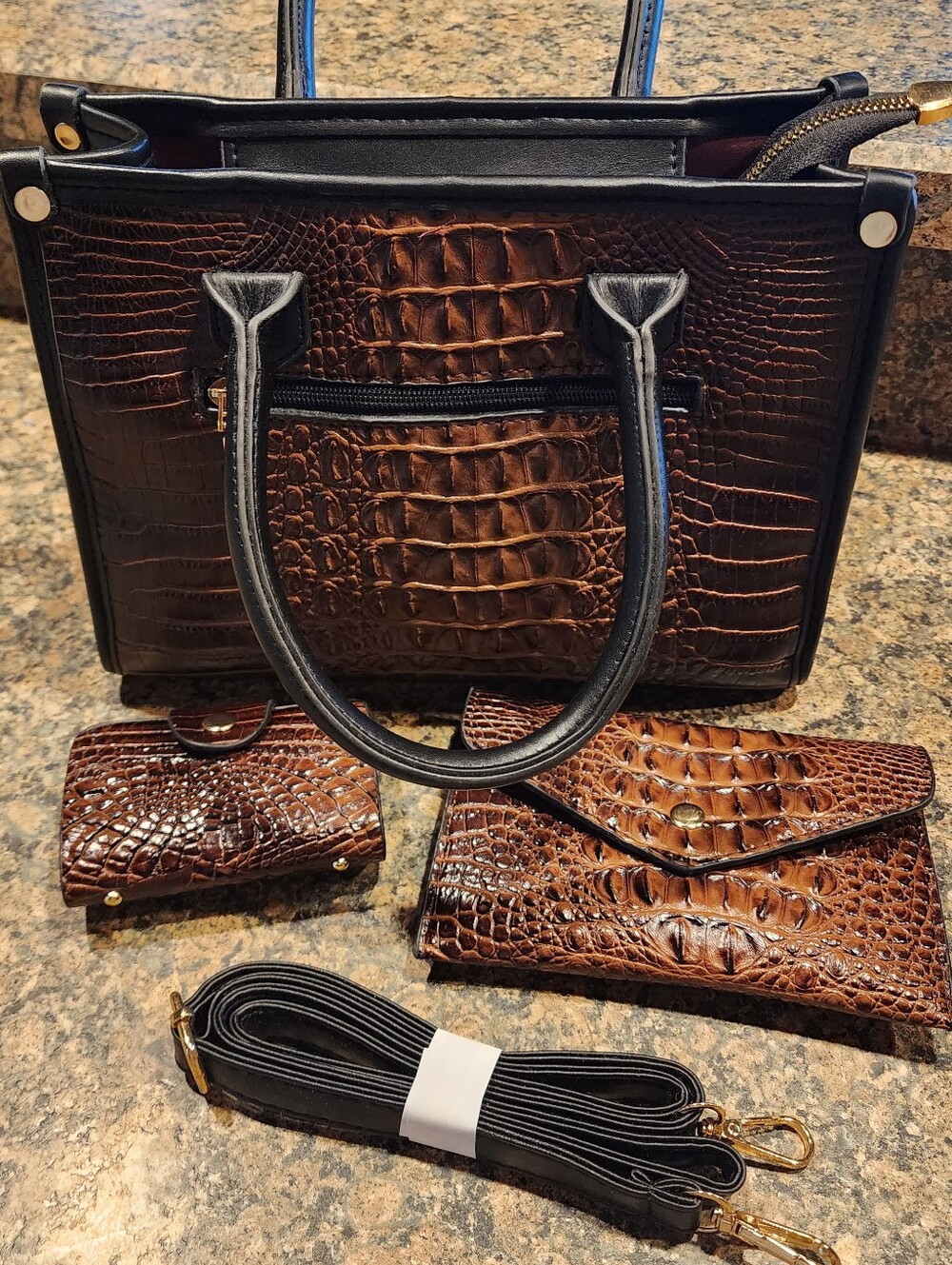 Brown Croc-Embossed 3 Piece Handbag Set